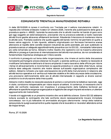 Incontro con Trenitalia Manutenzione rotabili: esternalizzazioni e riorganizzazione, chiediamo risposte immediate