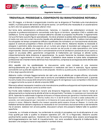 Trenitalia incontro sulla Manutenzione: reticolo, linea qualità, carichi di lavoro e valorizzazione professionale. Prosegue l'intenso confronto con l'Azienda
