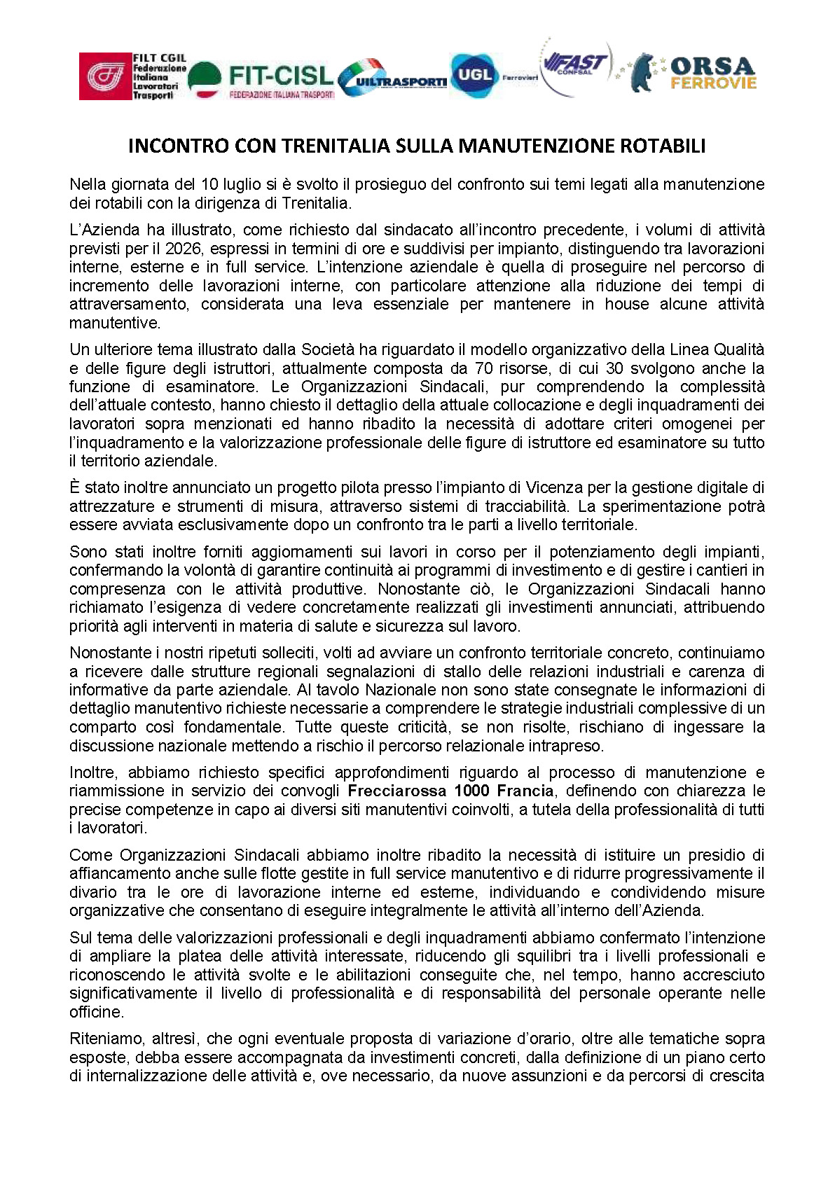 Trenitalia incontro sulla Manutenzione: volumi attivita' 2026, reinternalizzazioni, modello organizzativo, potenziamenti e Frecciarossa 1000 Francia